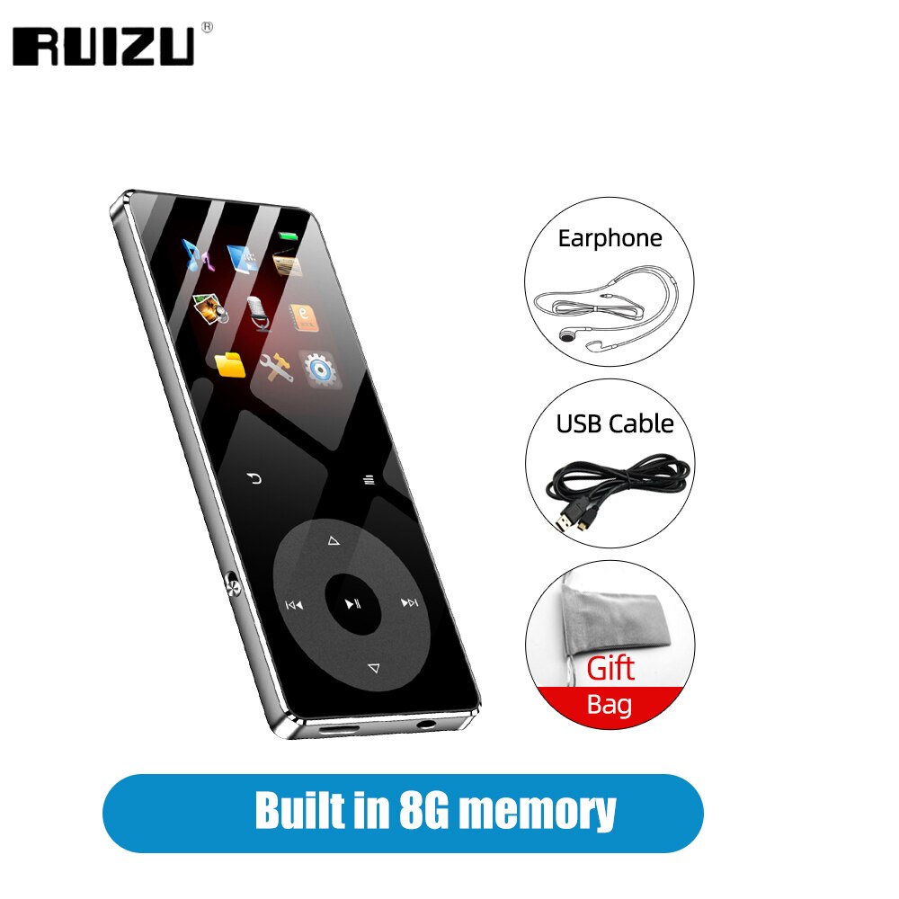 RUIZU – lecteur MP3 Hifi à écran tactile X02B, avec Bluetooth 5.0, haut-parleur intégré, Support de carte TF, Radio vidéo, enregistrement, Ebook: 8G Silver