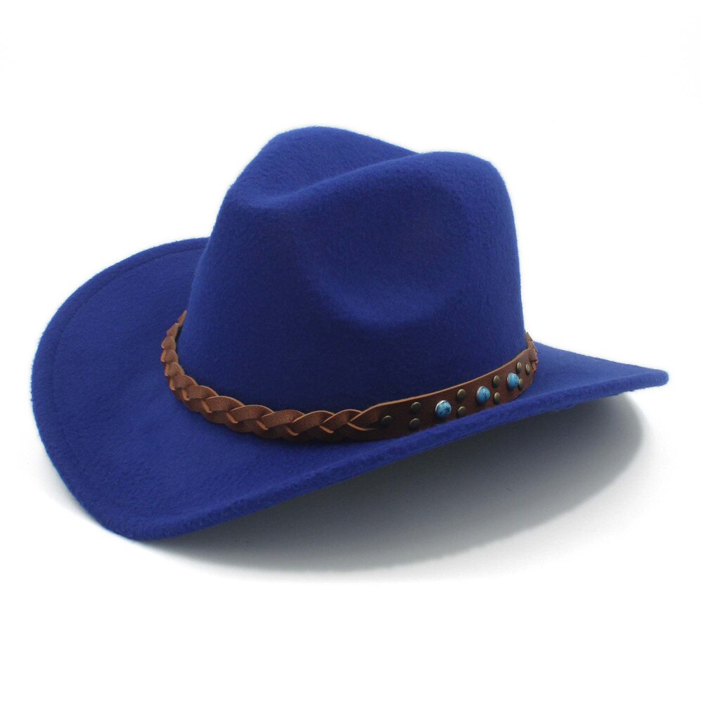 Luckylianji uldfilt vestlig cowboy hat til barn barn bred skygge cowgirl kallaite fletning læderbånd (størrelse :54cm, juster reb): Blå