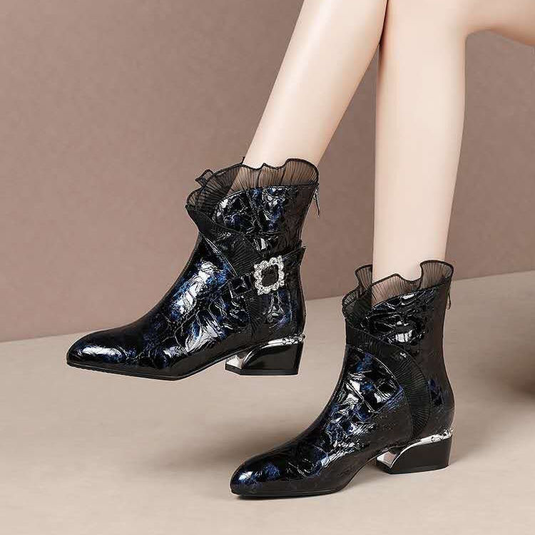 Bottes courtes en cuir verni pour femme, bottes thermiques pointues à talon épais, tube moyen, style, automne hiver: black and blue color / 36