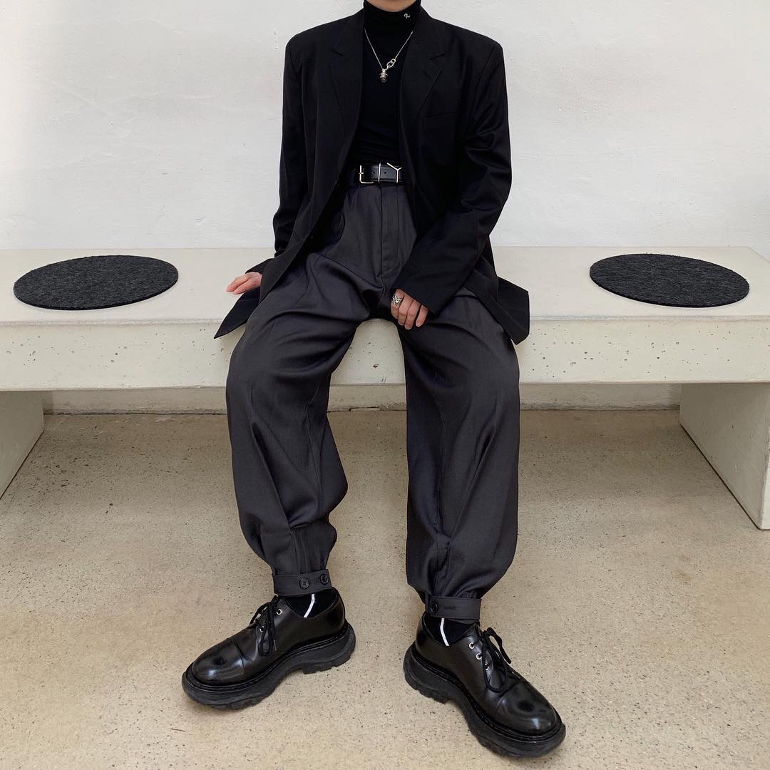 Men korea japan style streetwear casual bundle hem bukser male loose vintage suit pants long harem bukser: L / Grå