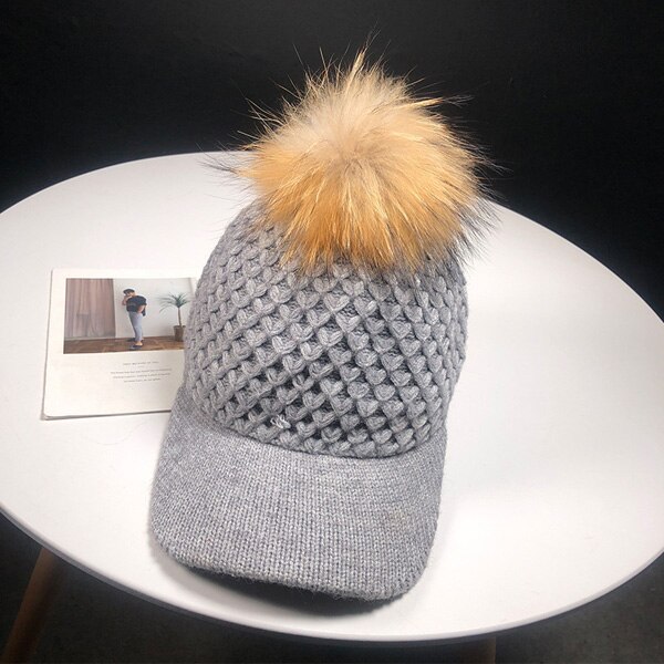 Herfst winter muts effen gebreide baseball pet met fuax bont pompons bal voor dames heren buiten warme gebreide muts baseball petten: Grijs