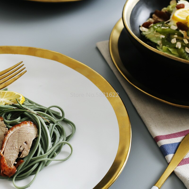 gold inlay dinnerware collection ceramic plate and bowl with gold edge tableware golden white and black dinner set