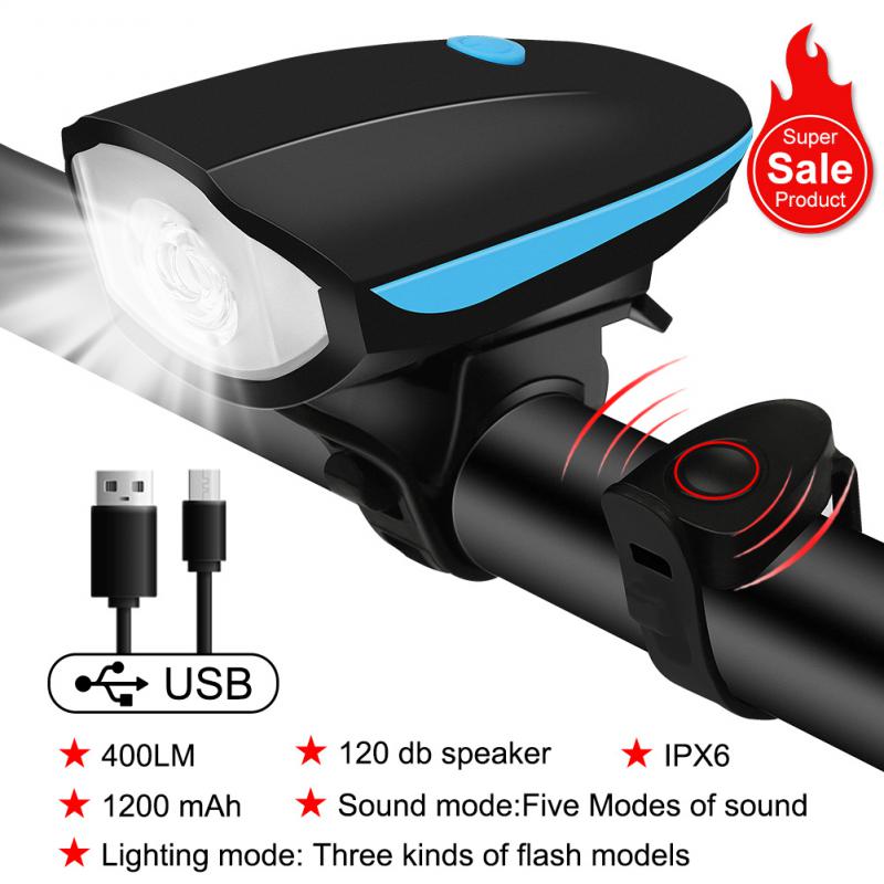 Bicycle Light Front Rechargeable 120db Bike Horn Light MTB Headlight Bicycle Lantern Cycling LED Flashlight Bike Accessories: blue horn light