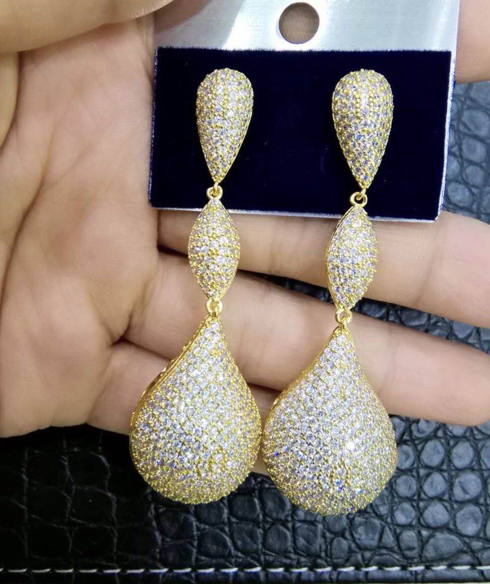 Godki 4 pçs disco bola charme conjuntos de jóias para o casamento feminino colar brinco pulseira anel cheio zircônia cúbica brinco conjunto de jóias: Gold Earring