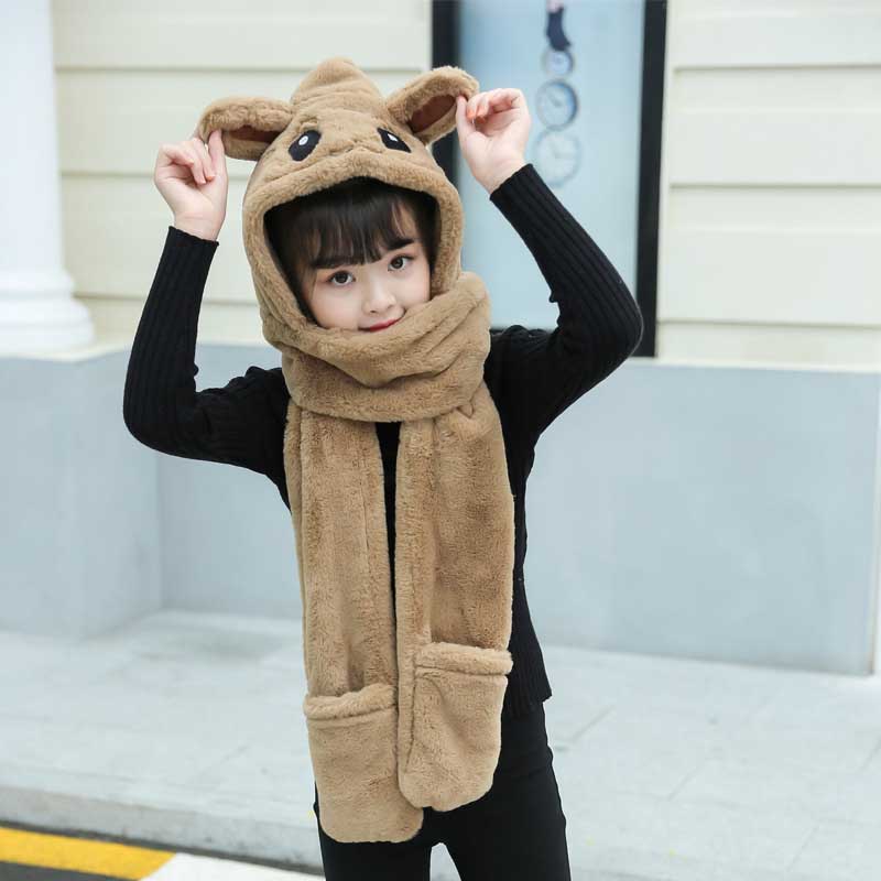 3 en 1 de oso bufanda suave con guantes de sombrero para niñas otoño invierno rosa gris Beige cálido gorro niñas bufandas: 4