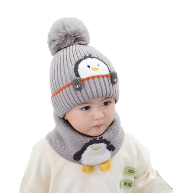 X5QF-gorro tejido de punto para bebé, bufanda de dos piezas, gorros para niños, gorros cálidos con solapa para las orejas, protección para las orejas para niños: Gray