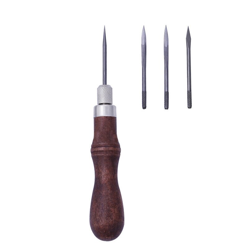 4PCS Leather Craft Sewing Awl DIY Wood Handle Leather Stitching Awl Hand Stitching Awl Tools Canvas Leather Craft Sewing