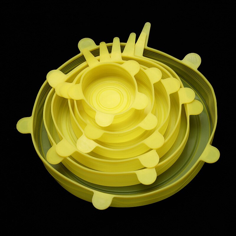 Tapas elásticas de silicona para recipientes, tapa Universal de silicona para alimentos frescos, para cocinar en el microondas, 6 uds.: yellow