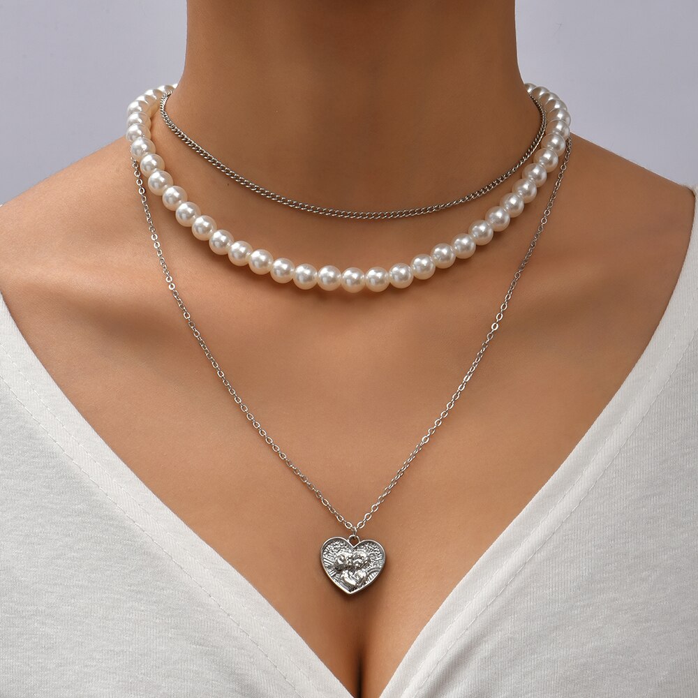 Ywzixln Boho Bling Strass Hart Hanger Mode Kettingen Wit Imitatie Parel Ketting Choker Voor Meisjes Hiphop Sieraden N0293: 4