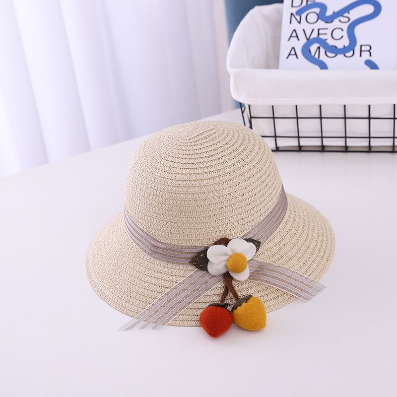 Summer Sweet Cute Flowers Kids Straw Hats Children Beach Cap Baby Photography Props Baby Girl Hat Sun Visor Caps: beige