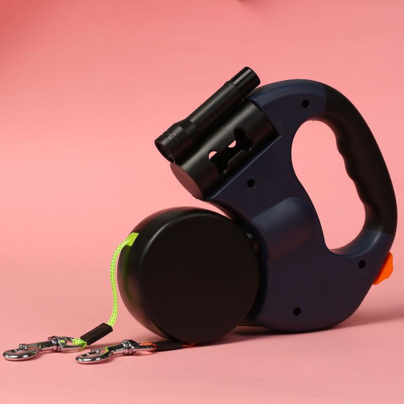 Dual Headed Pet Leashes with Flashlight Garbage Bag Box Automatic Retractable Dogs Traction Rope Double Dog Walking Leash Chain: Blue