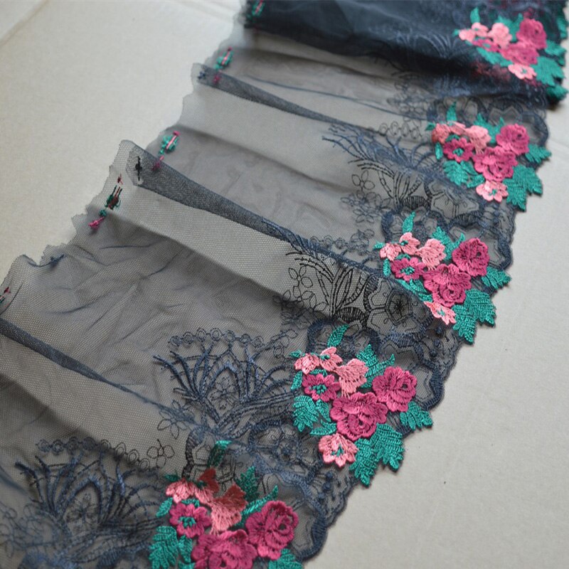 2yds/Lot 23Cm Brede Zwarte Mesh Roze Groen Gemengde Bloemen Borduren Kant Trim Voor Kleding Bruiloft, onderpakken