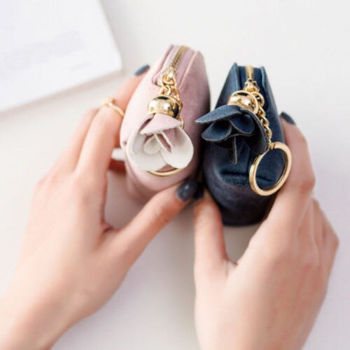 Mini portefeuille en cuir pour femmes, pochette, porte-monnaie, mignon, fleur pendentif, sac à main
