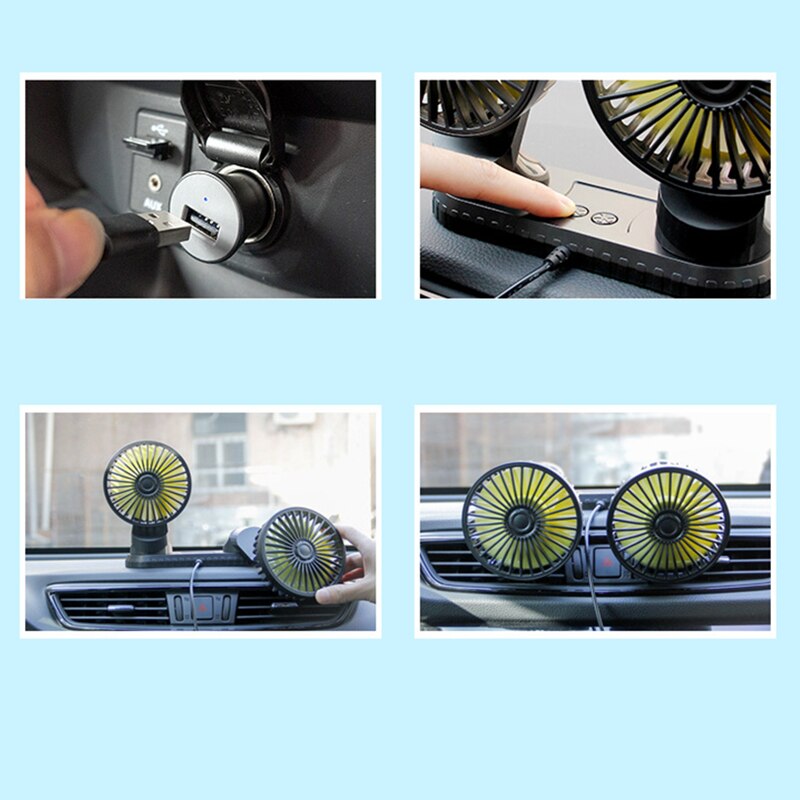 Ventilador de coche de doble cabeza con USB, accesorios creativos para coche, aire acondicionado portátil para automóvil, ventilador de refrigeración automático
