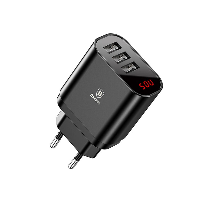 Baseus 3 Poorten Usb Charger Quick Opladen 3.4A Wall Charger Eu Plug Met Digitale Display Reizen Snelle Oplader Voor Samsung huawei: Black