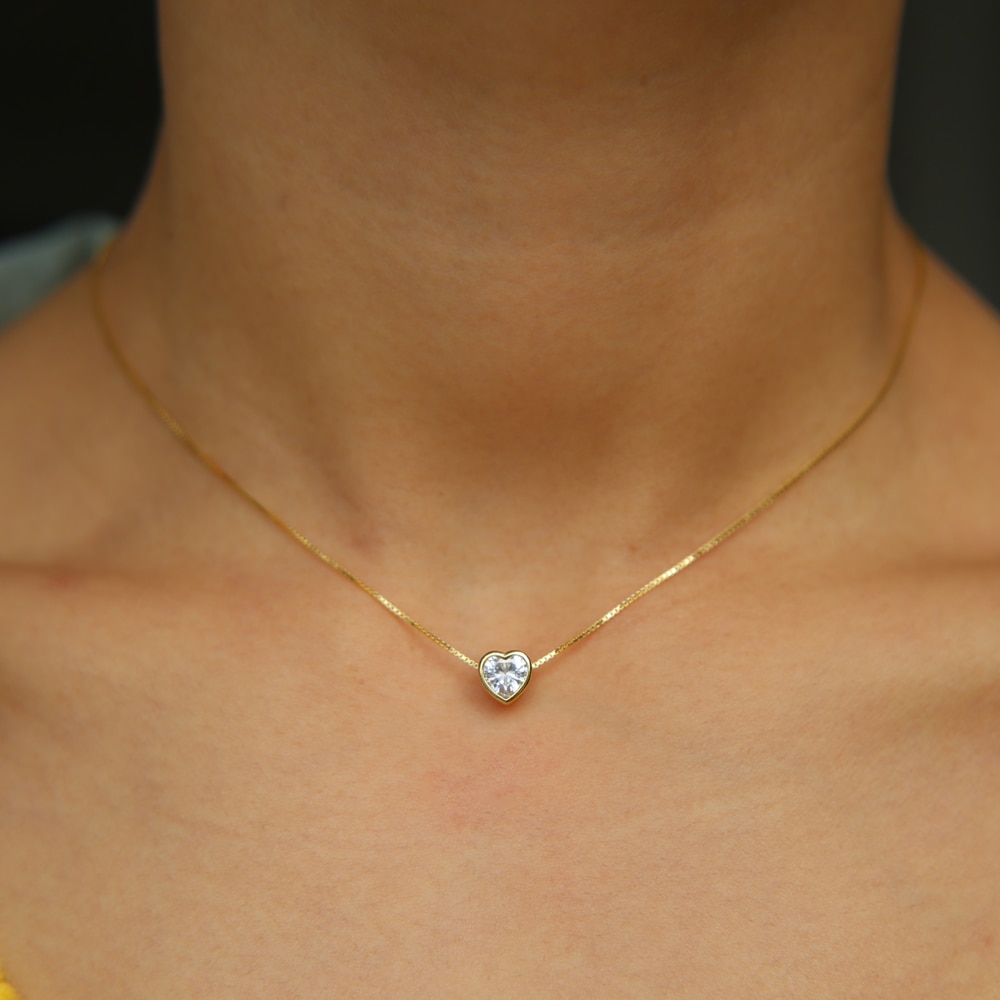 Single Stone Solitaire Cz Cubic Zirconia Delicate Dainty Box Chain 925 Sterling Silver Bezel Heart Single Stone Star Necklace