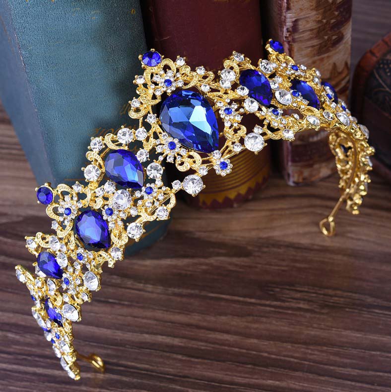 Baroque Luxury Handmade Rhinestone Bridal blue Crystal Big Crown Tiaras Diadem for Bride Headbands Wedding Hair Accessories