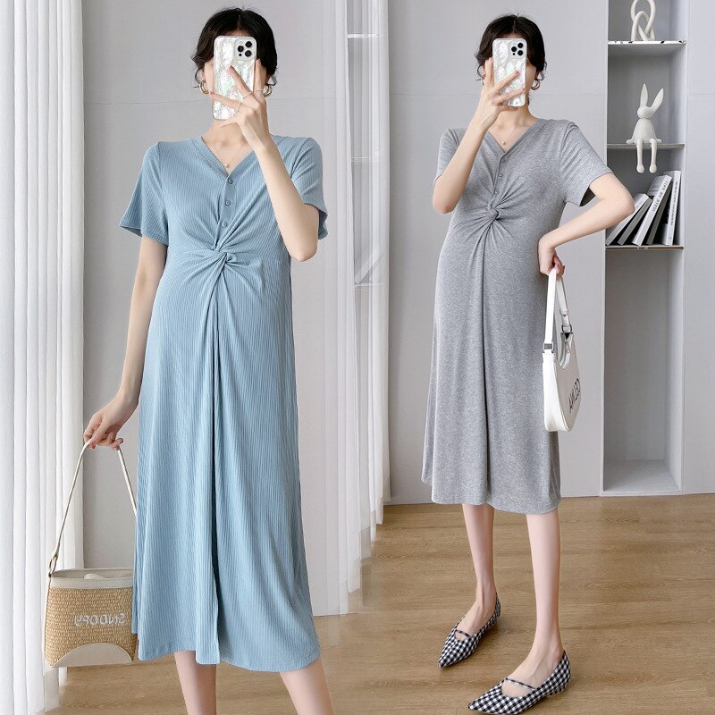 Maternity knitted Blue Short Sleeve Dresses Pregnant Women Clothes Pregnancy Dress Maternity Party Dress