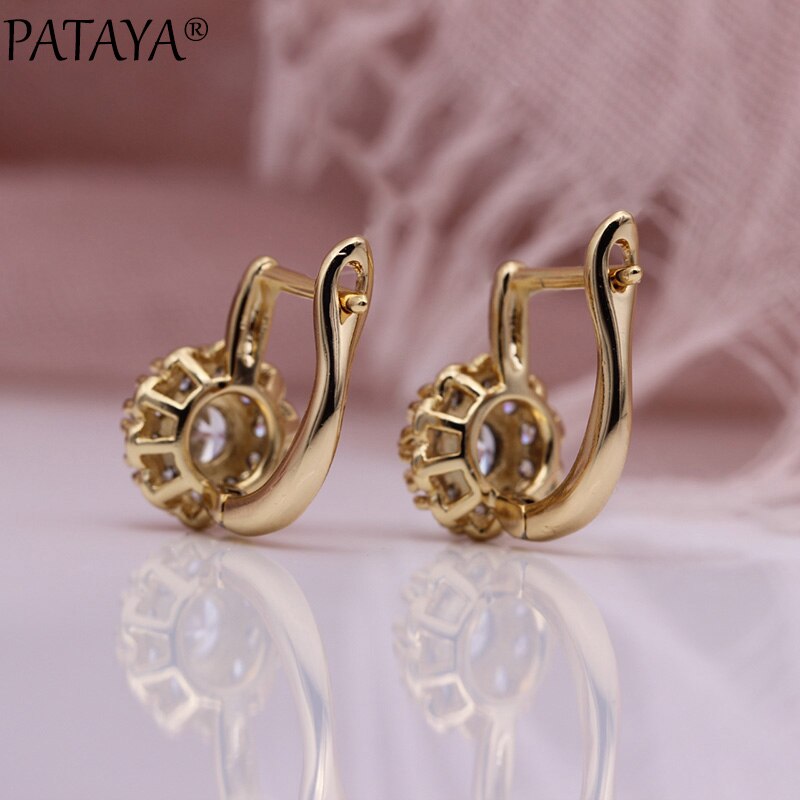 PATAYA White Natural Zircon Dangle Earrings 585 Rose Gold Petal Cute Earrings Micro-wax Inlay Women Party Jewelry