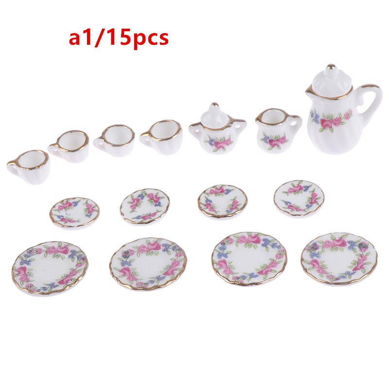 15Pcs 1:12 Miniature Porcelain Tea Cup Set Chintz Flower Tableware Kitchen Dollhouse Furniture Toys For Children: a1