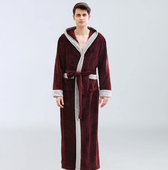 Mann badekåpe hette lang kimono menn badekåpe høst vinter nattøy kappe varm flanell #39 hjemmeklær bata hombre: Vinrød / Xl
