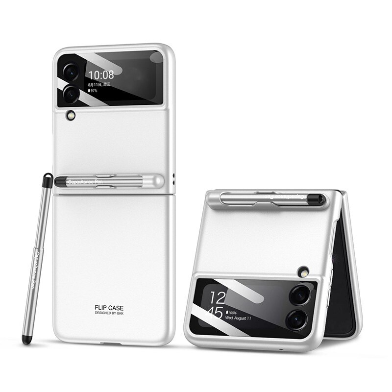 Coque avec fente pour stylo, Protection complète en verre, pour Samsung Galaxy Z, Flip 3, Flip3, 5G, 2022: Silver