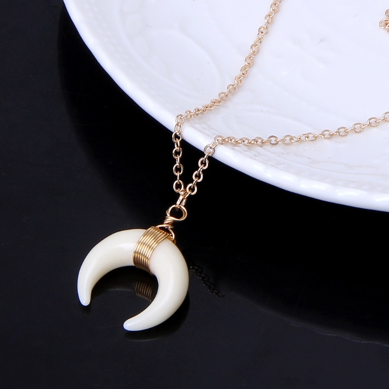 Ivory Bone Double Horn Necklace Crescent Moon Chokers Pendant Necklace For Women