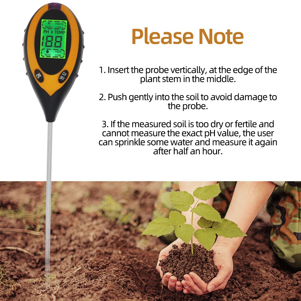 3/4 In 1 Soil Ph Meter Tester Soil PH Moisture Testing Temperature Sunlight Intensity Measurement Analysis Acidity Alkali Tool: 4 IN 1