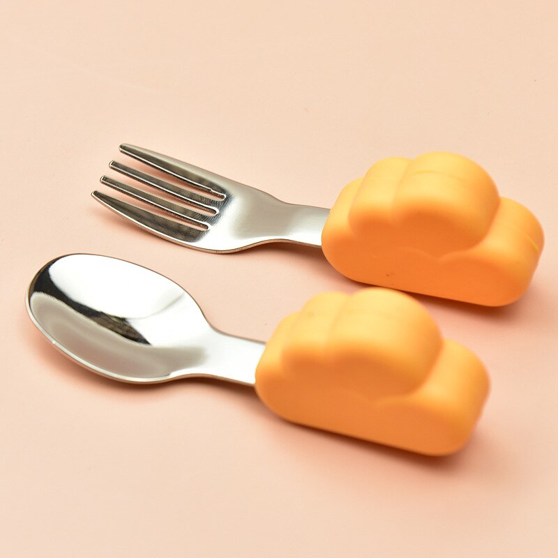 Soft Spoon for Baby Feeding Toddler Tableware Set Stainless Steel Utensil Cloud Toddler Dinnerware Cartoon Infant Spoon Fork: Yecloud