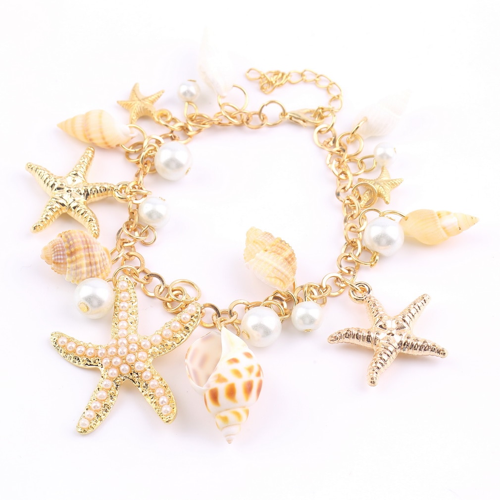 Women Ocean Style Multi Starfish Sea Star Conch Shell Simulated-Pearl Chain Beach Bracelet Bangle Novelty