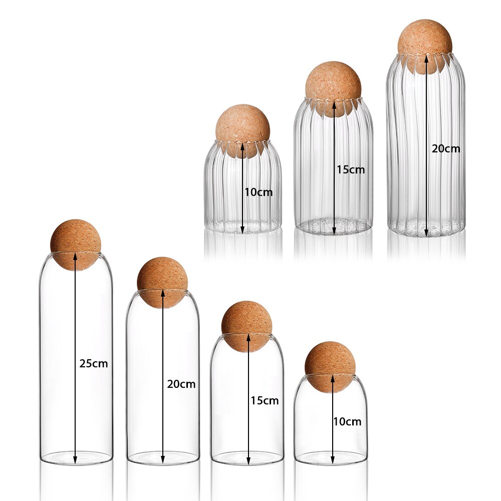 Bote de cristal sin plomo de corcho de bola con botella con tapa, tanque de almacenamiento, latas de té selladas, tarros de almacenamiento transparentes de cereales, contiene café