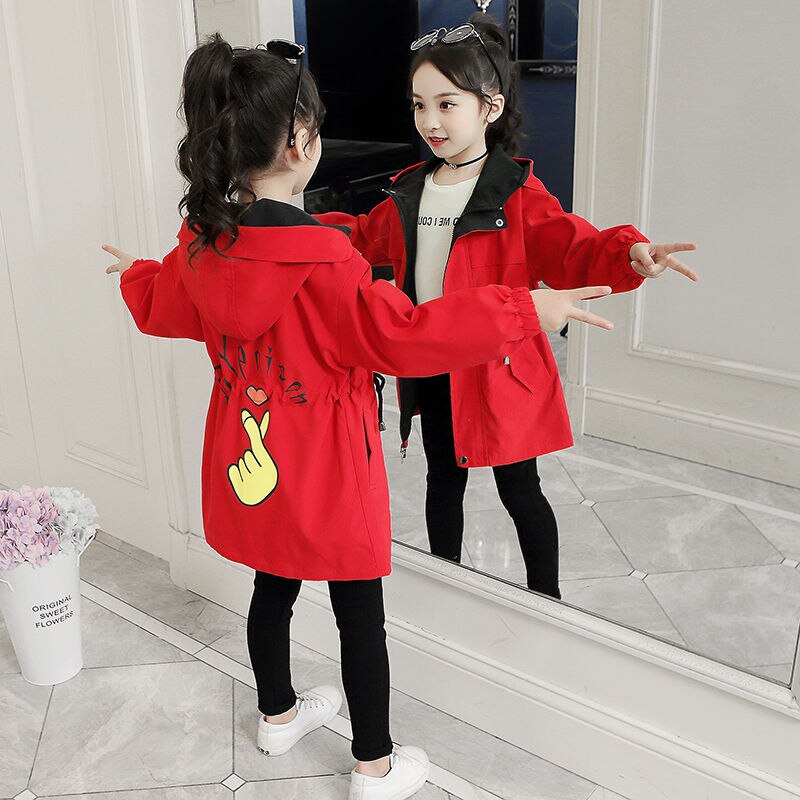 Primavera autunno bambini ragazze giacca a vento ragazze adolescenti moda Trench lungo bambini Casual capispalla con cappuccio abiti per 3-13 anni: Red / 110 (3-4T)