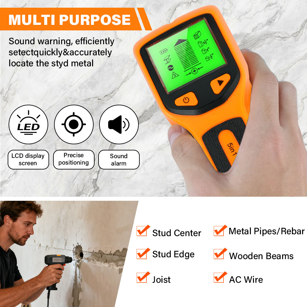 5-in-1 muurknoppendetector Professionele muurdetector Achtergrondverlichting Muurzoeker Hout AC-draad Kabel Metalen scanner voor huisdecoratie