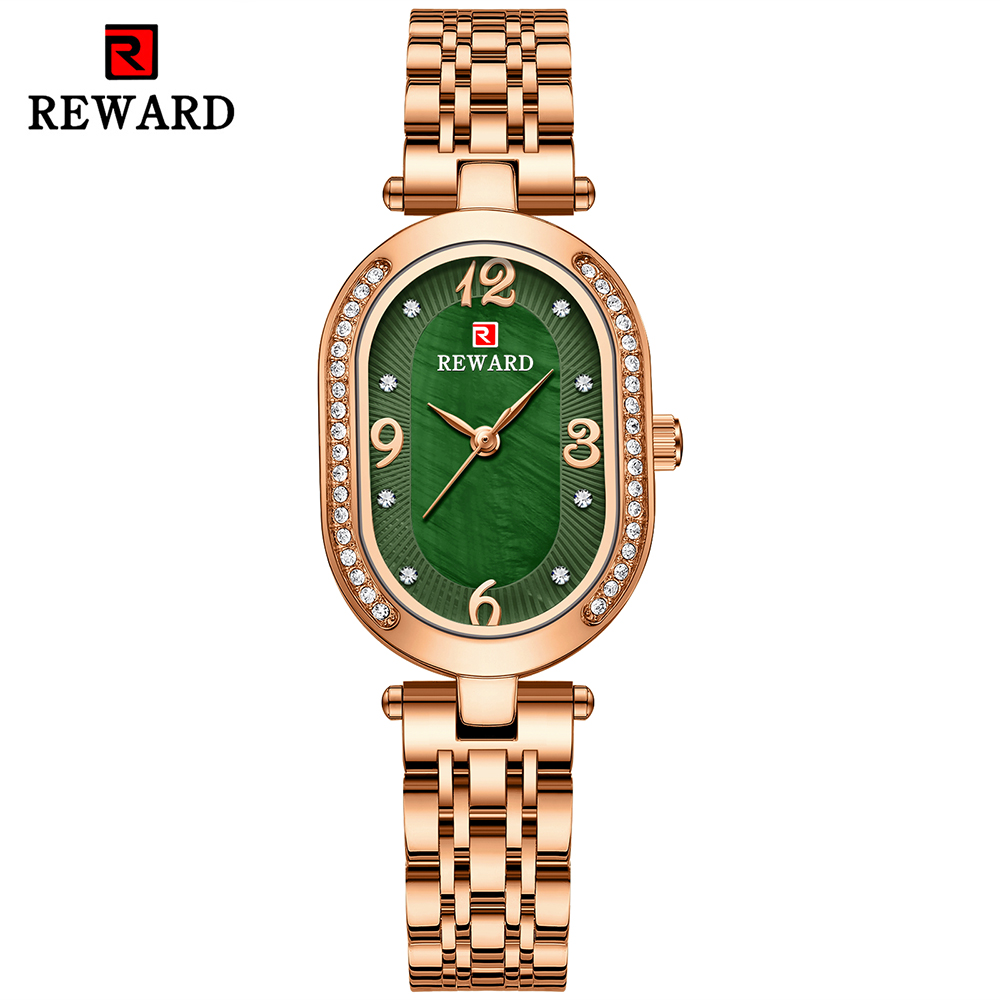REWARD-Reloj de pulsera de oro rosa para mujer, relojes de cuarzo ultrafinos de lujo a la , correa de acero inoxidable, para mujer y Niña: Rose gold green
