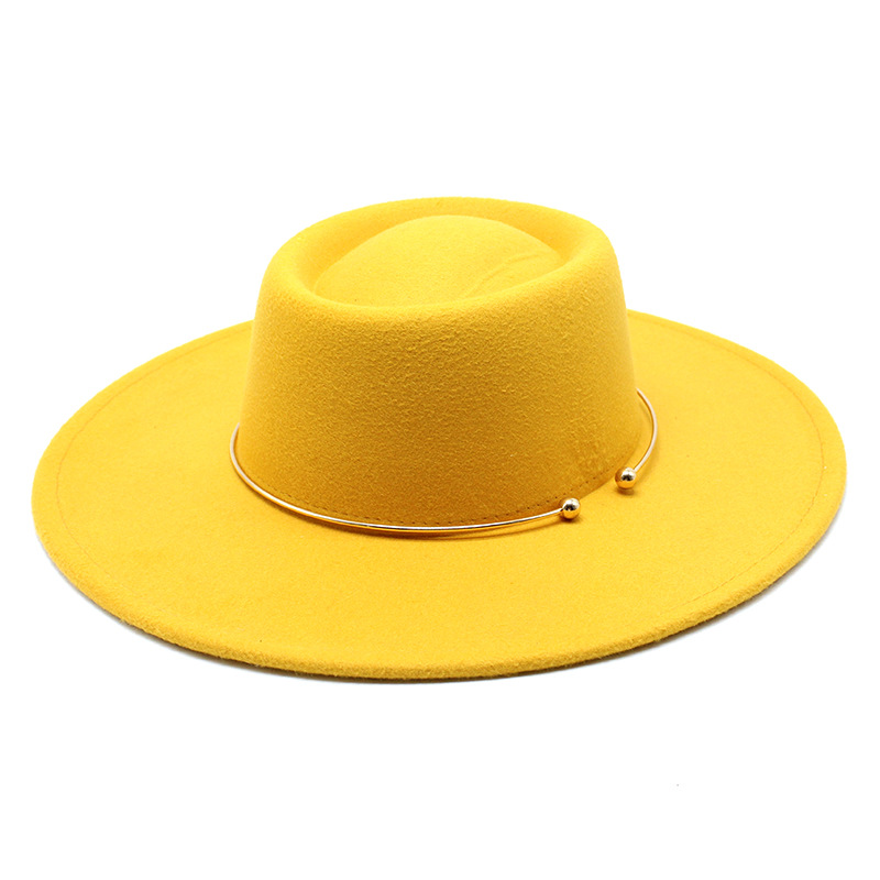 Fedora – chapeau feutré De Jazz pour femmes et hommes, à large bord De 9.5CM, avec chaîne en or, automne hiver, robe formelle: YELLOW
