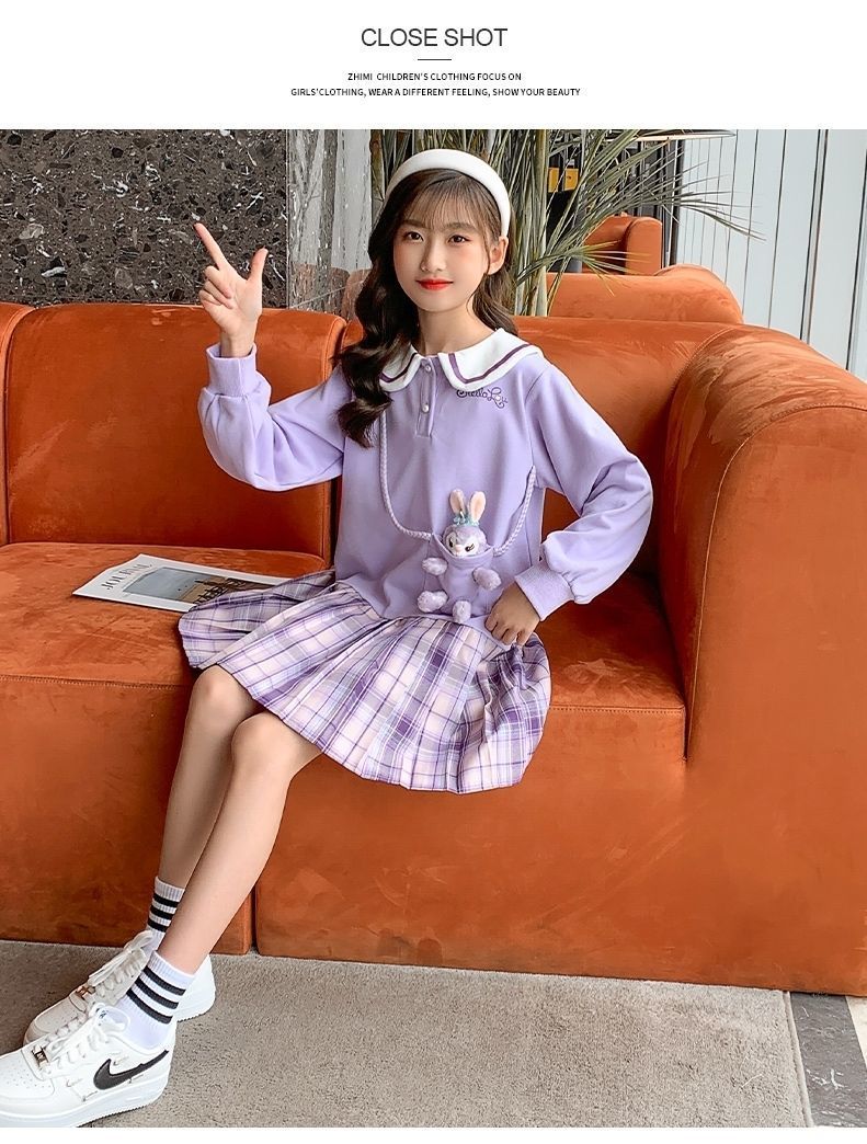 Teenage Girls Dress Autumn Girl Long-sleeved Plaid Dress Children's Lapel Sweater Dress