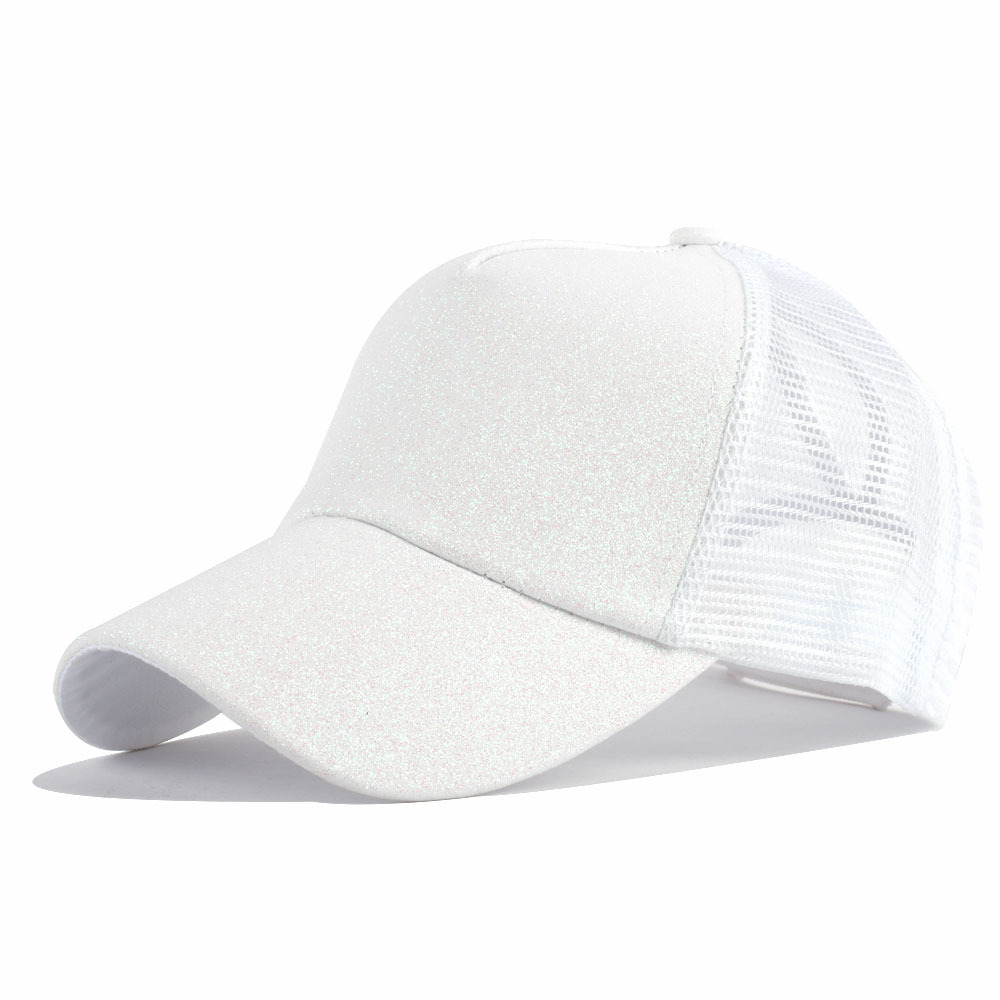 Damehat glitter høj hestehale hul kasket 5 #39 mesh trucker baseball cap guld sølv hvid sort pink brun blå: Hvid