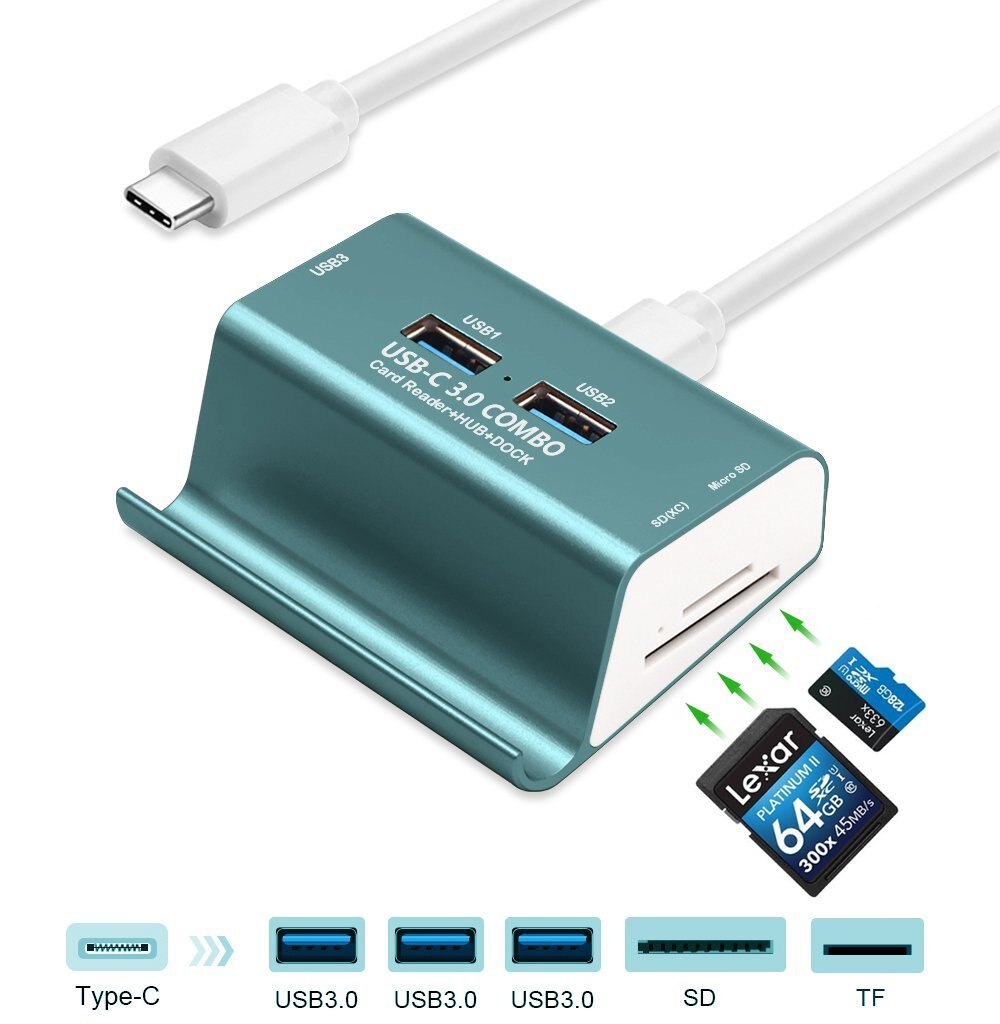 Lector de tarjetas USB 3,0 de alta velocidad, Hub DE 3 puertos USB 3,0 con soporte para teléfono, USB-C de aluminio/TYPE-C 3,0, Combo SD/TF/MicroSD: Type-c Green