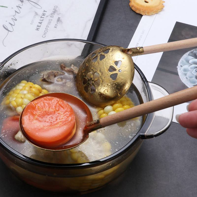 Stainless Steel Soup Spoon Japanese Style Wooden Handle Colander Pot Drain Spoon Kitchen Cooking Spoon Kitchen Supplies