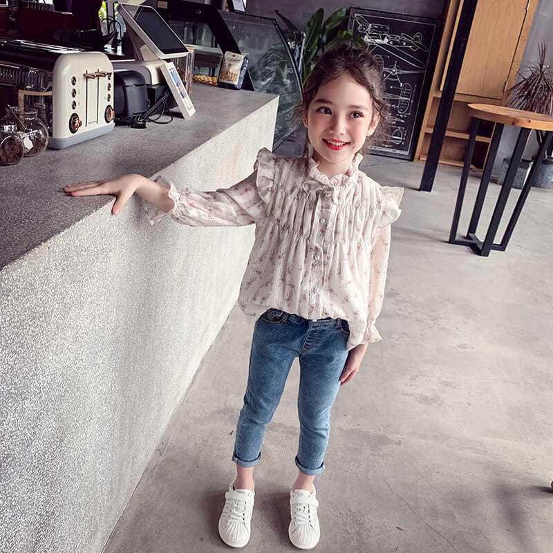 Chemisiers en coton à manches trompette pour filles, Long, évasé, en mousseline de soie, Style coréen, imprimé Floral, vêtements pour enfants, T69