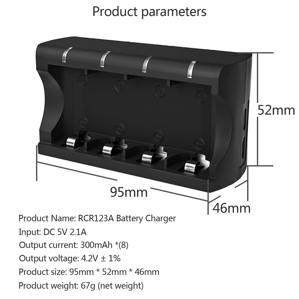 Nyeste 5v 300 mah 8 slot batterioplader med usb-opladningsport til  cr123a batterier