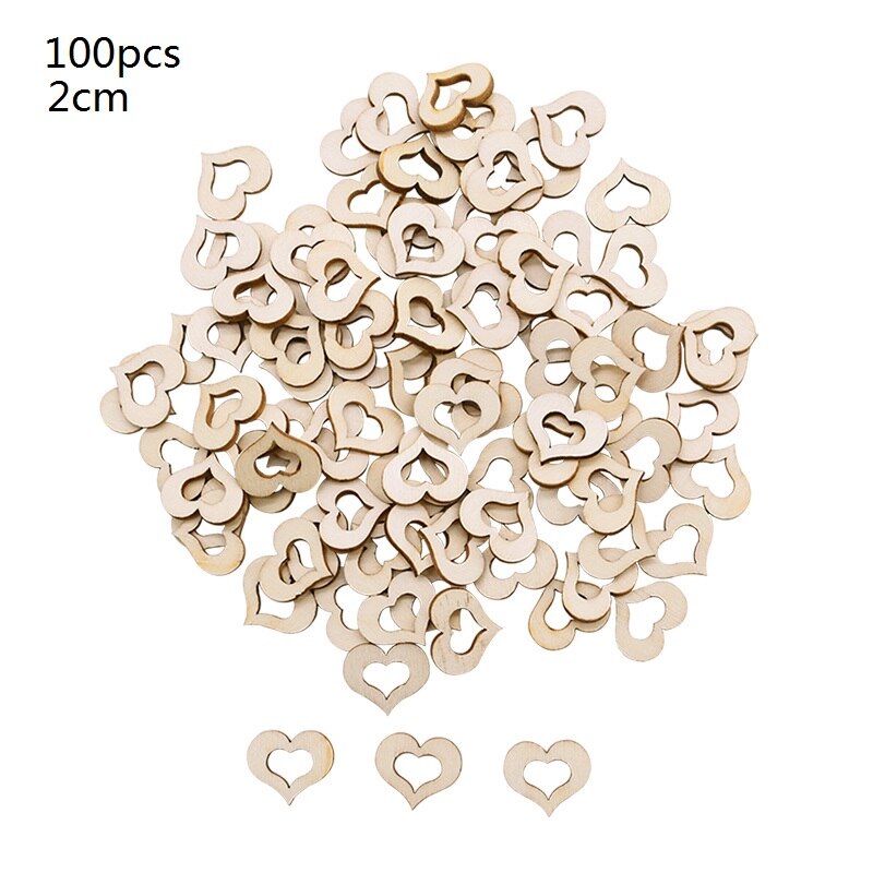 Lot de 1/2/3cm 100 en forme d'étoile en bois, cœur, vintage, chic, pour scrapbooking, décoration de table de mariage, saint-valentin: 2cm coeurs
