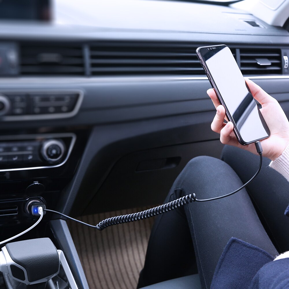 RAXFLY – chargeur de voiture 10W, adaptateur pour téléphone portable, adaptateur pour iPhone 12, Micro USB Type C avec câble USB à haute élasticité