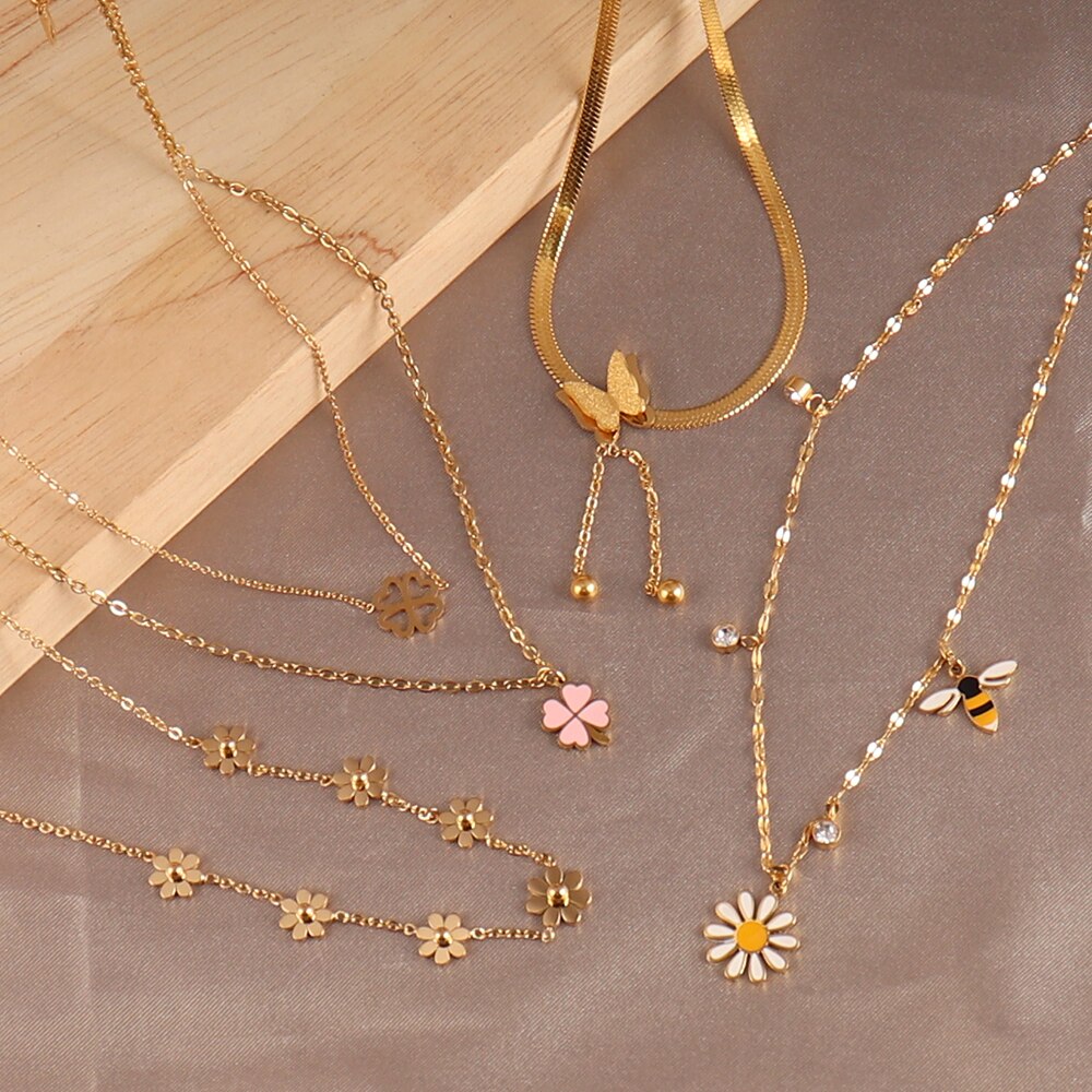 Trendy Product Stainless Steel Necklace For Women Gold Silver Color Charm Flower Butterfly Pendant Necklace Jewelry