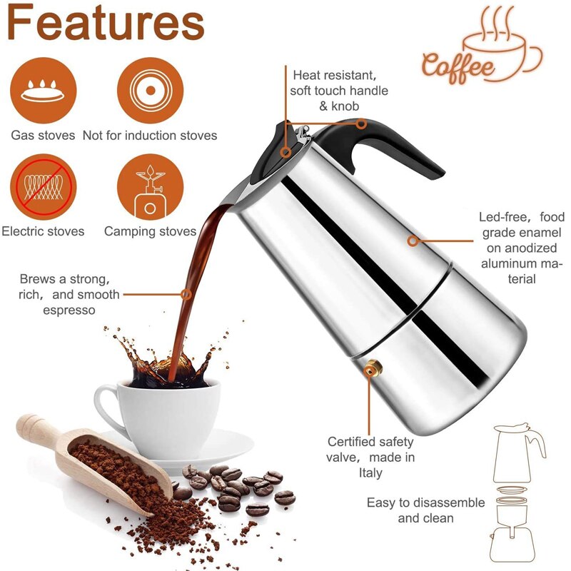 Stainless Steel Moka Coffee Pot Espresso Percolator Portable Coffee Maker Pot Percolator Drink Tool Cafetiere Latte Stovetop