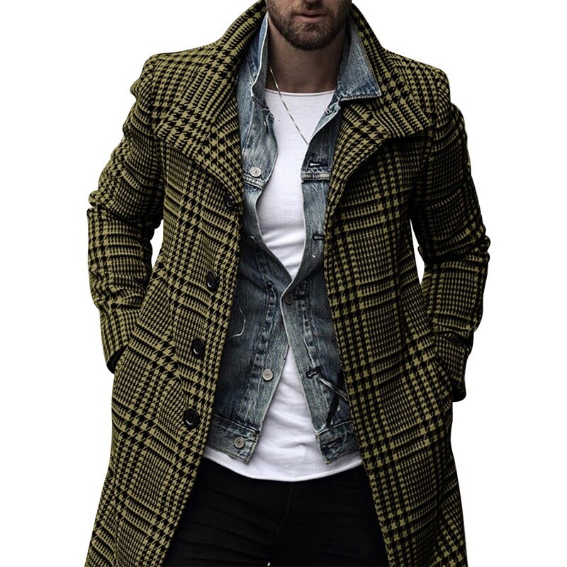 Trench-Coat Long à manches longues pour homme, manteau à carreaux, col à revers, pardessus , automne et hiver,: green / S
