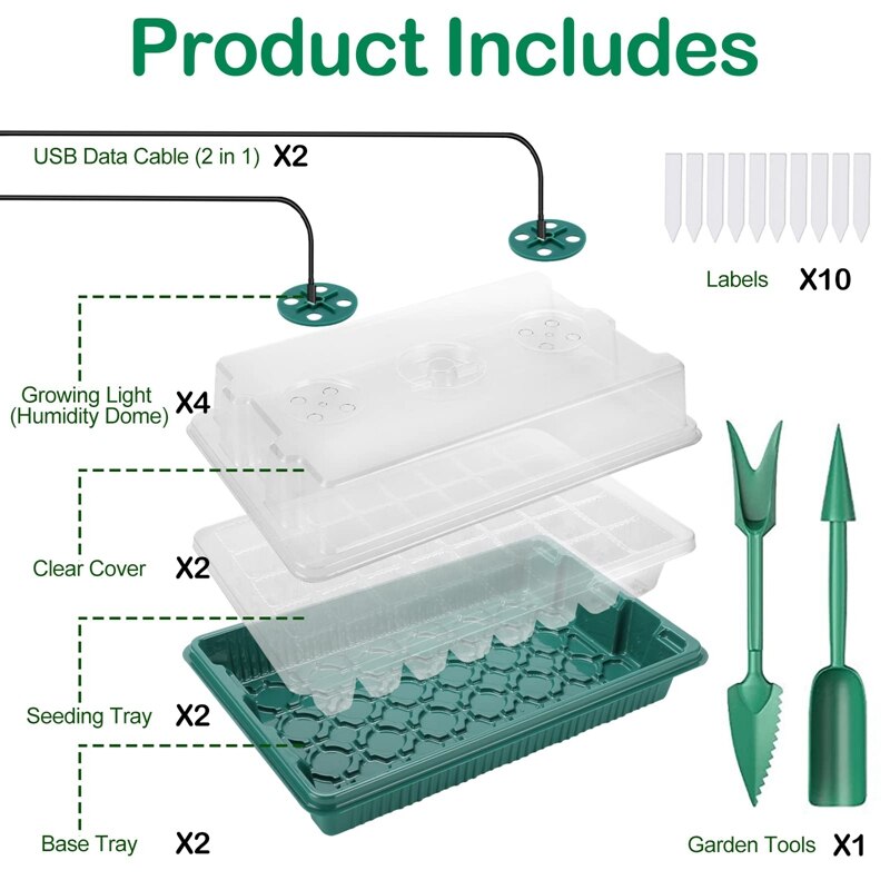 2-Pack Seed Starter Kit Seedling Tray With Grow Lights Adjustable Indoor Garden Plant Germination Box Set
