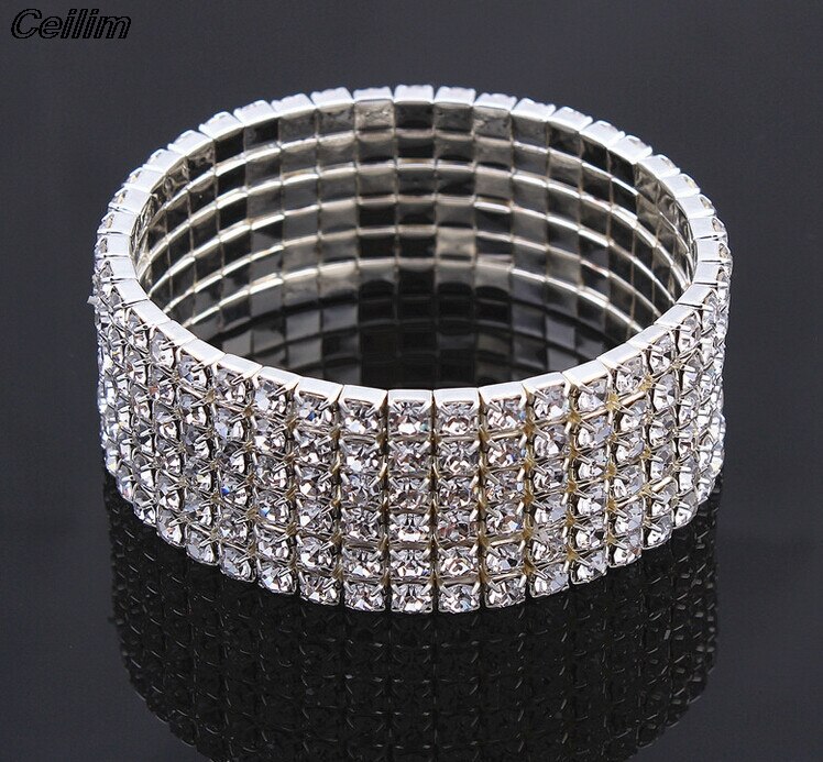 1 To 8 Rows Full Crystal Rhinestone Elastic Bracelet Silver Color Bangle Bling Wristband Women Wedding Bridal Jewelry