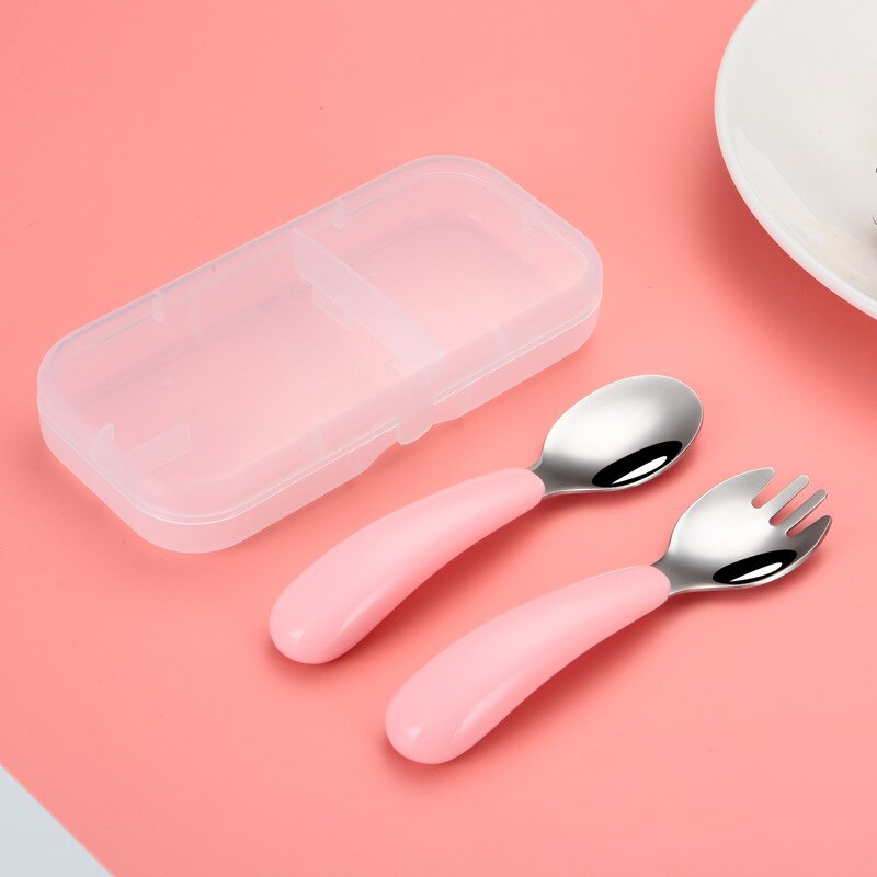 Baby Tableware Set Infant Food Feeding Spoon Fork Gadgets 304 Stainless Steel BPA Free Toddler Cartoon Dinnerware Cutlery: Pink Set