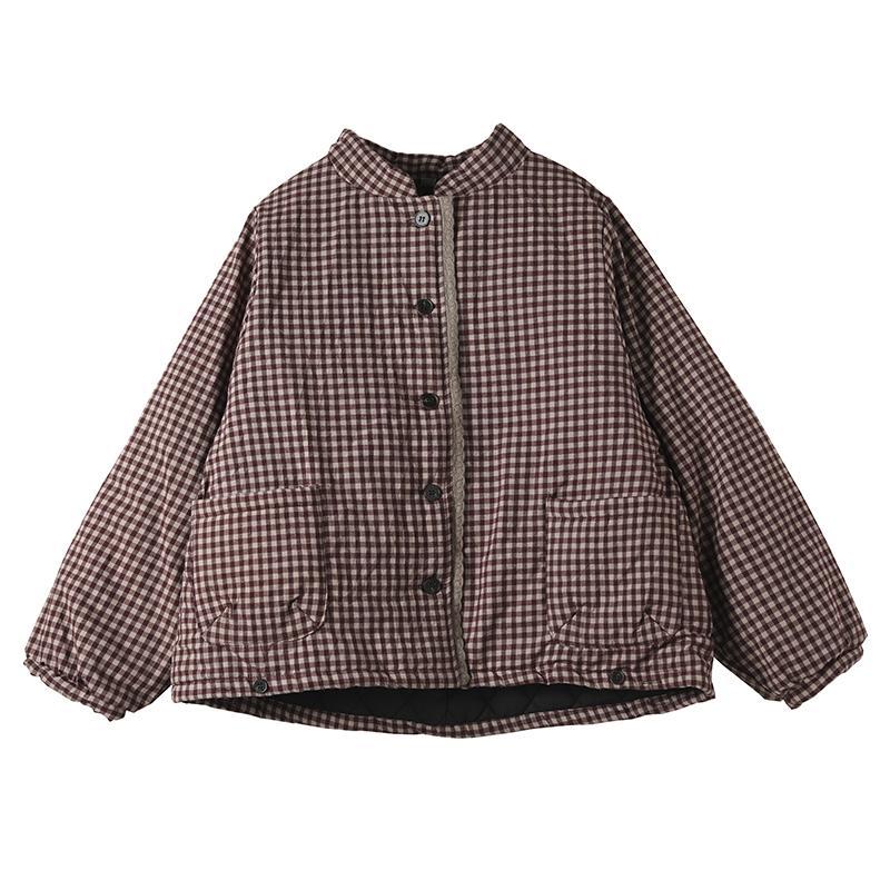 Johnature-Parkas Vintage a cuadros para mujer, Parkas con botones de mezcla de algodón, bolsillos de soporte, abrigos cálidos de cintura ancha para mujer